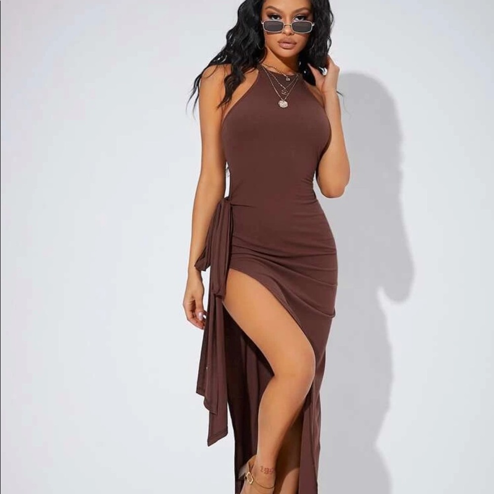 Knot side split thigh dress